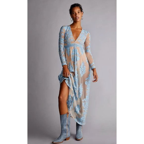 Free People For Love & Lemons Temecula Maxi Sheer Embroidered Dress Size Large